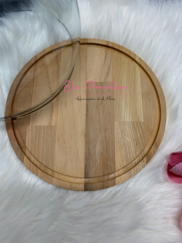 Wooden serving plate with glass hood large D23.5xH23cm Apple (Item No.2861)