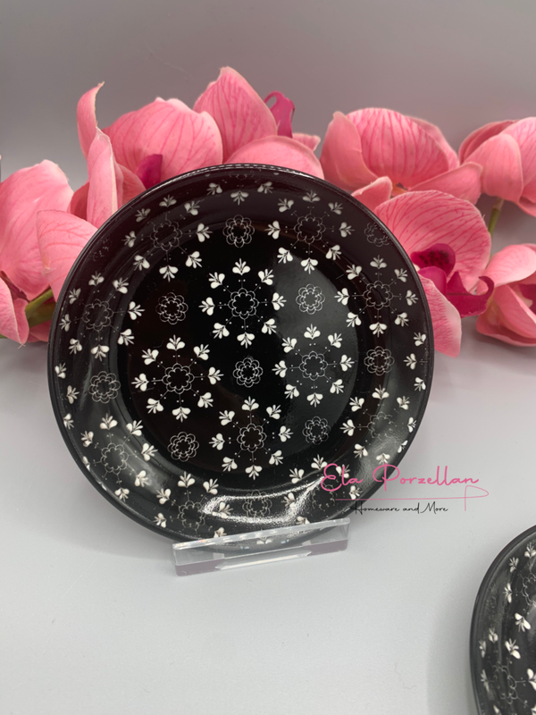 Porzellanuntersetzer Blumenmuster schwarz-weiß 6er Set D12cm  (ArtikelNr.2949)