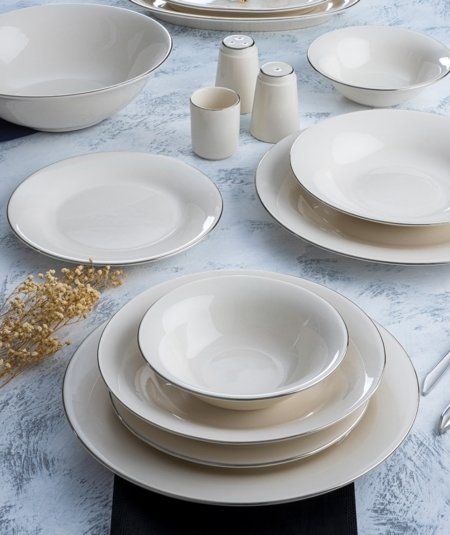 'Bria' 60pcs. Tableware set for 12 persons white with silver edge (Item No.3916)