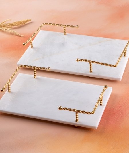 'Burgulu' marble tray rectangular with cord handle gold (item no. 4244)